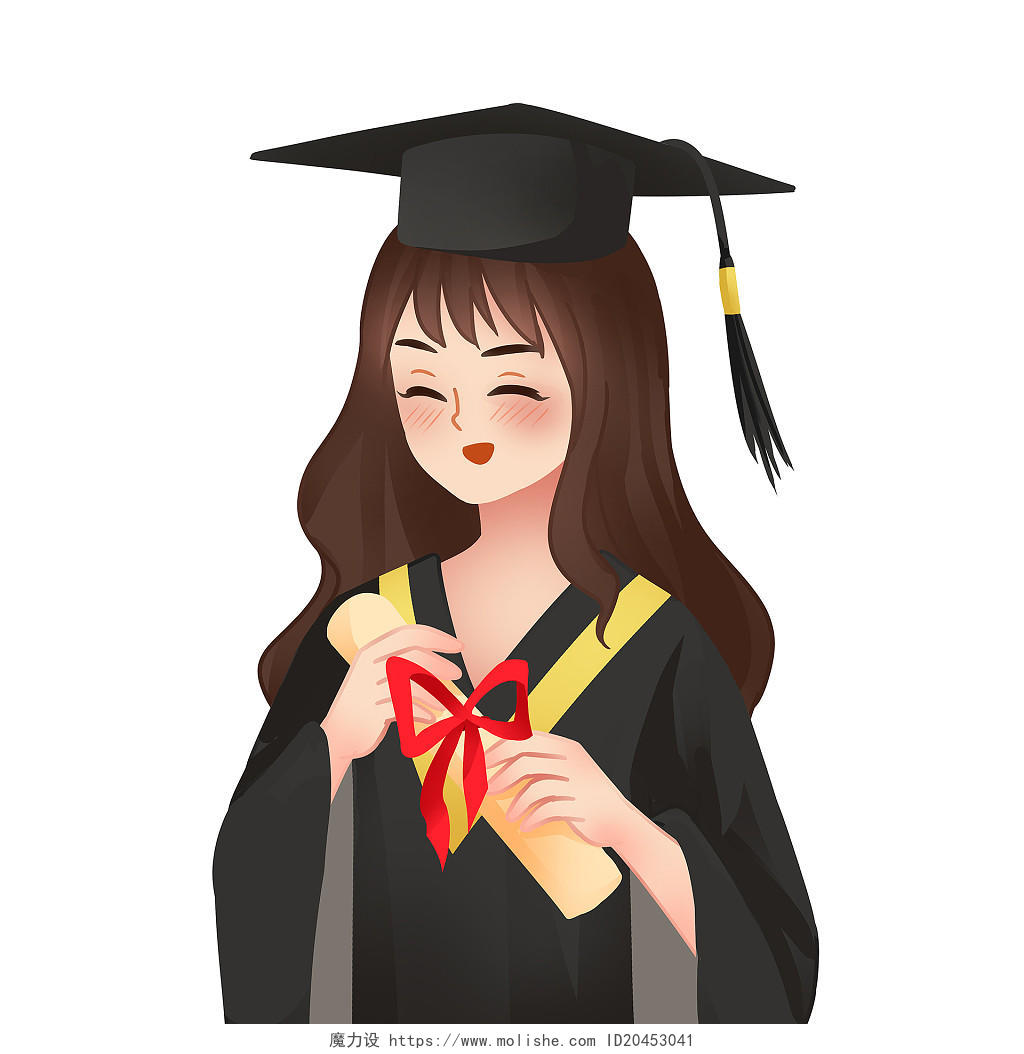 卡通手绘毕业季学士服拿毕业证书的女大学生人物素材